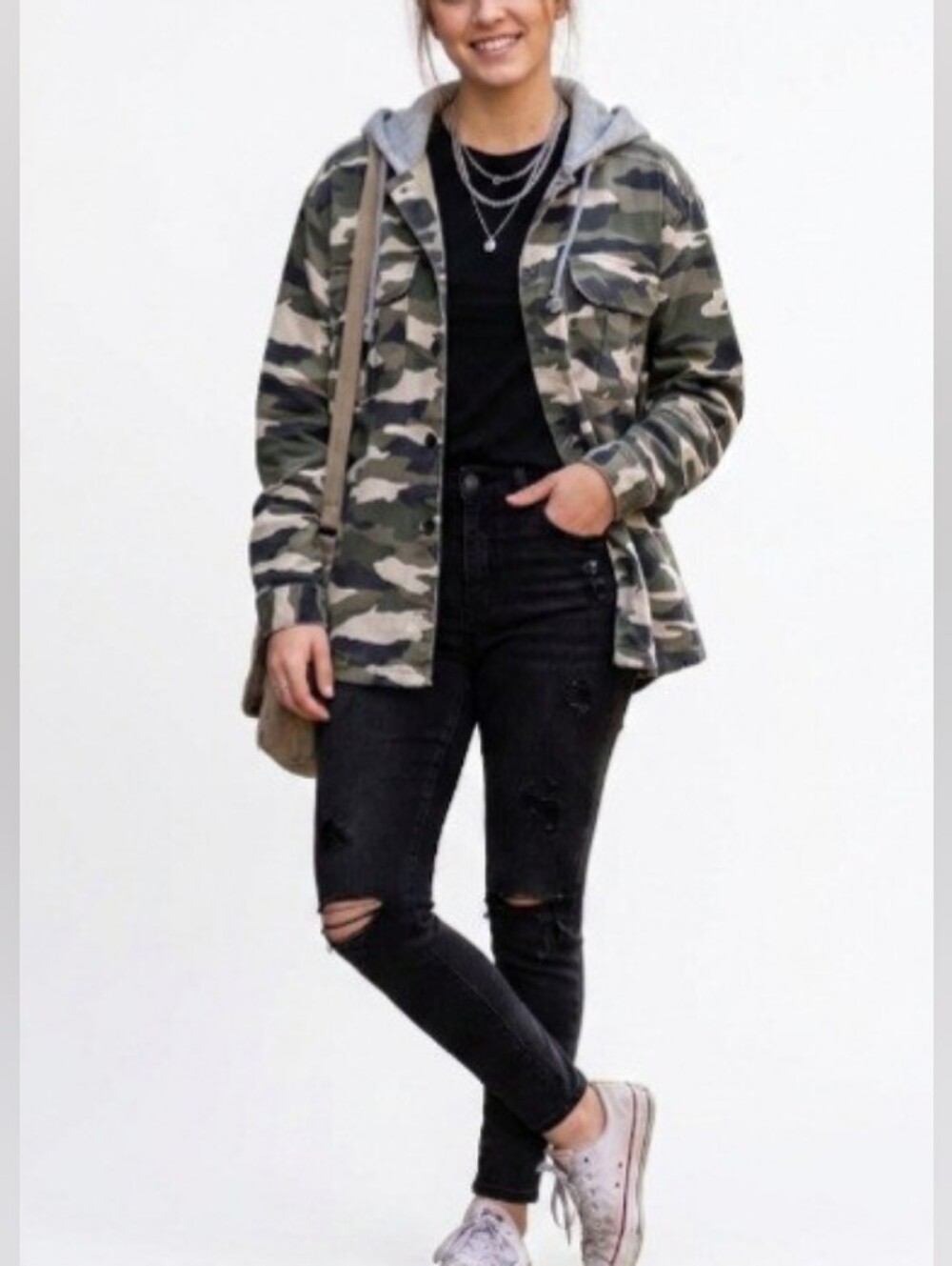 H&M Divided Camo Military Jacket With Grey Jersey Hood Size S